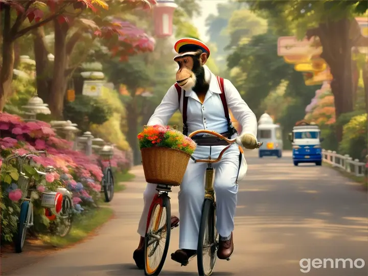 A monkey is wearing white pant and white shirt like a milkman and riding a bicycle in the road