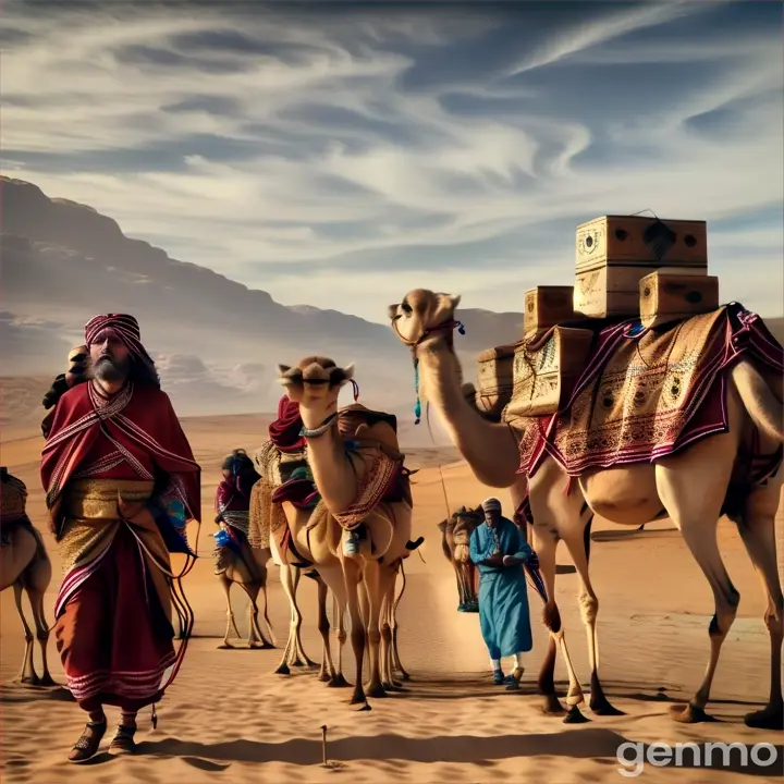 a group of people walking across a desert with camels