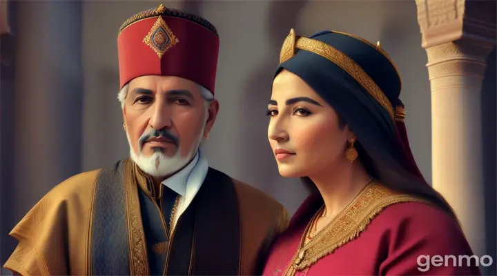 “a handsome morrocan sultan in his 60, standing next to his beautiful wife, 17th century, morrocco”