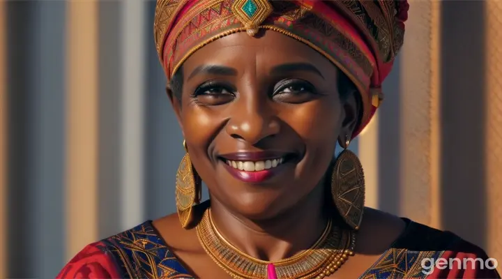 a dark skinned royal moroccan african wife, in her 40s, smiling