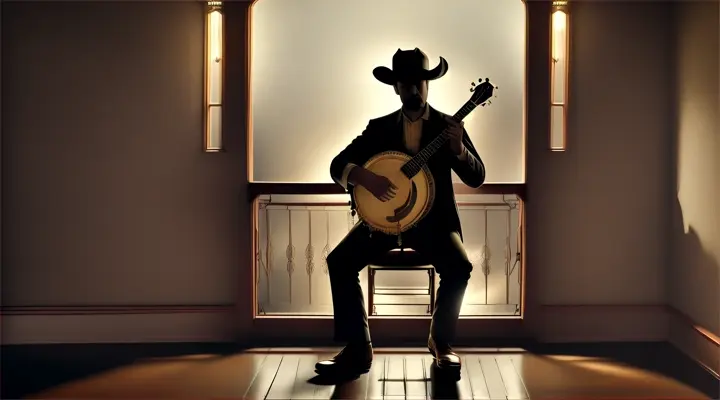 Silhouette of a banjoist on a vintage western porch, holding a glowing lantern