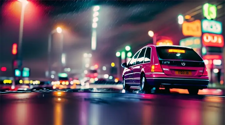 in the foreground - a car's rearview mirror with raindrops running down it, in the background blurred cars driving in the light of neon lights and signs, night, heavy rain and wind, anime Seed: 269102072