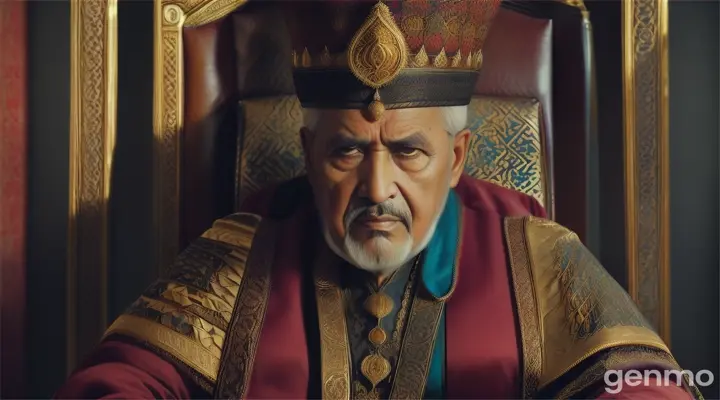 a morrocan sultan, sitting on the throne, in his 80s, angry, 17th century, morrocco