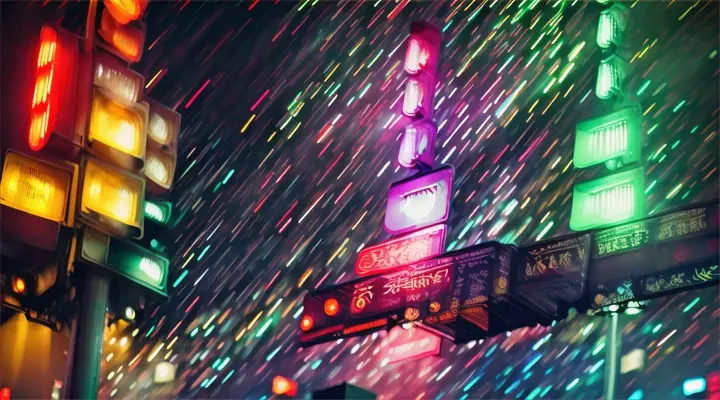 close-up traffic light on the crossroad, in the background neon lights and signs, night, heavy rain and wind, anime