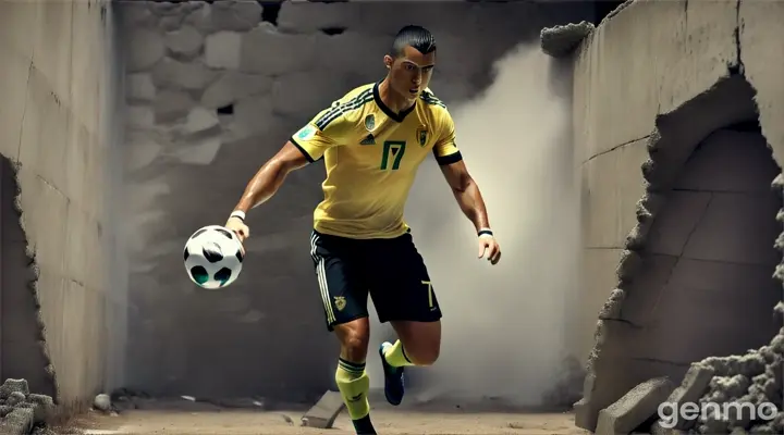 Ronaldo breaking through a wall of obstacles labeled "Poverty," "Doubt," and "Adversity," with a football at his feet and a determined expression.