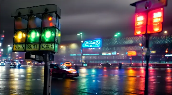 the traffic light change color on the crossroad, in the background neon lights and signs, night, heavy rain and wind, close-up, anime style