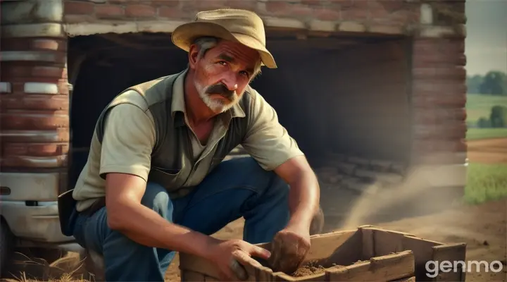 Poor farmer fills a trunk with bricks