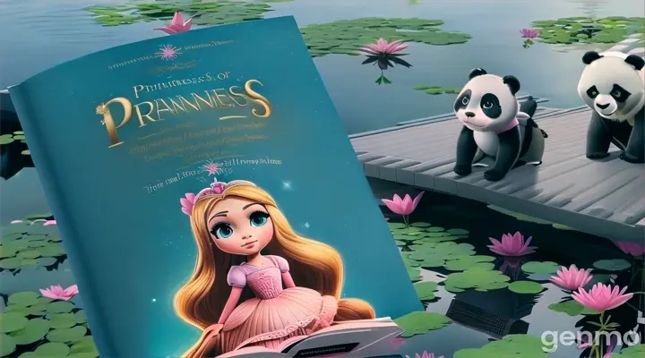 a book is closing  with a picture of a princess and a panda bear .