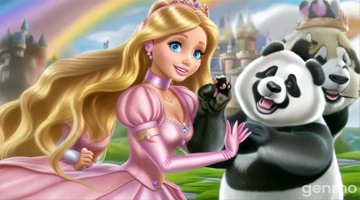 a barbie and a panda bear in front of a castle.they are playing together 