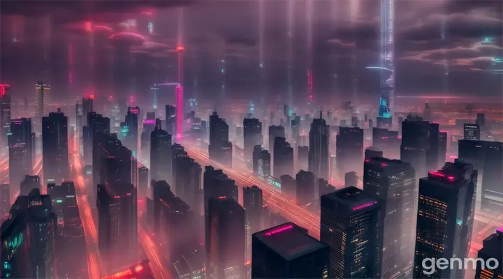 flying over cyberpunk city under the rain