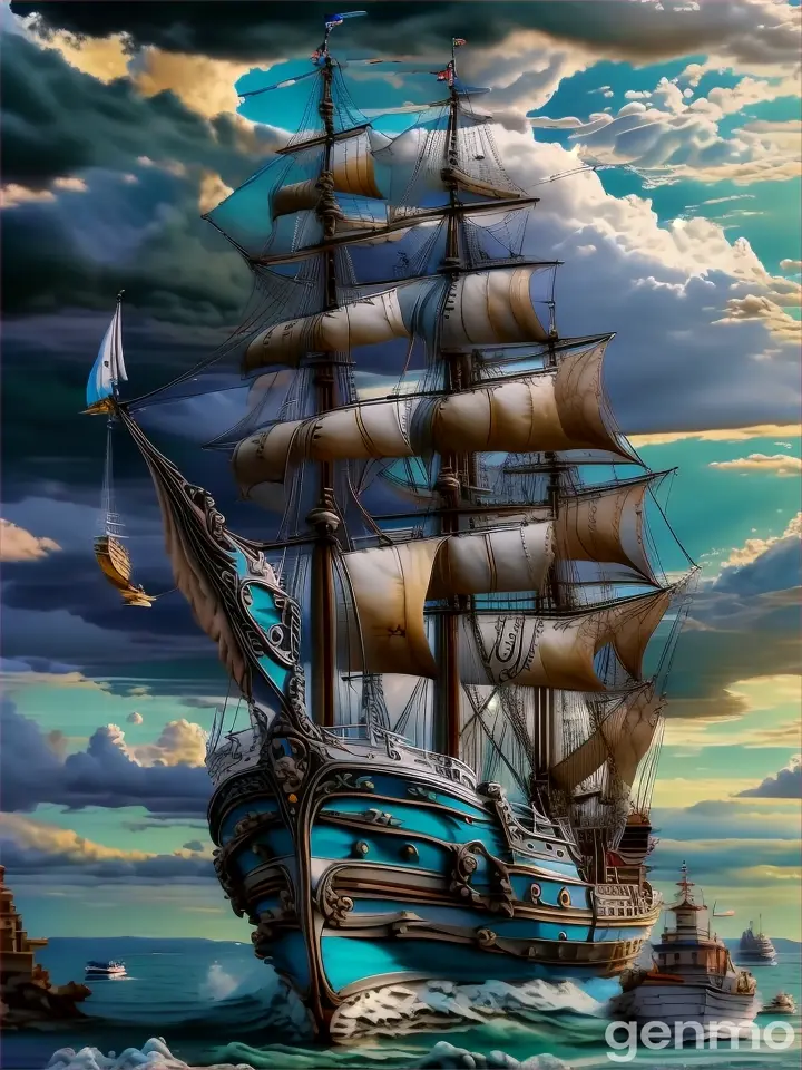 cloud, sky, boat, water, watercraft, mast, art, painting, ship, tall ship