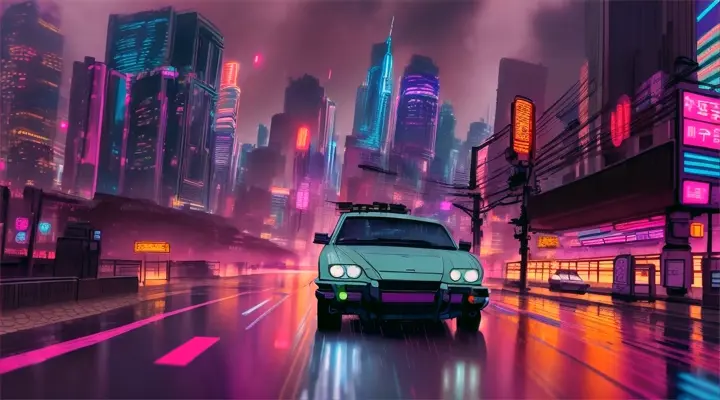 instead of cars there are beams of light from headlights, it's raining heavily, neon lights of advertising, anime style