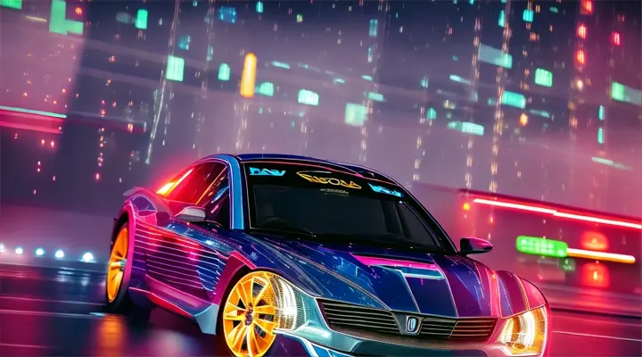 instead of cars there are beams of light from headlights, it's raining heavily, neon lights of advertising, anime style