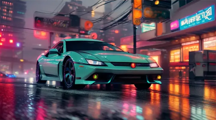 instead of cars there are beams of light from headlights, it's raining heavily, neon lights of advertising, anime style