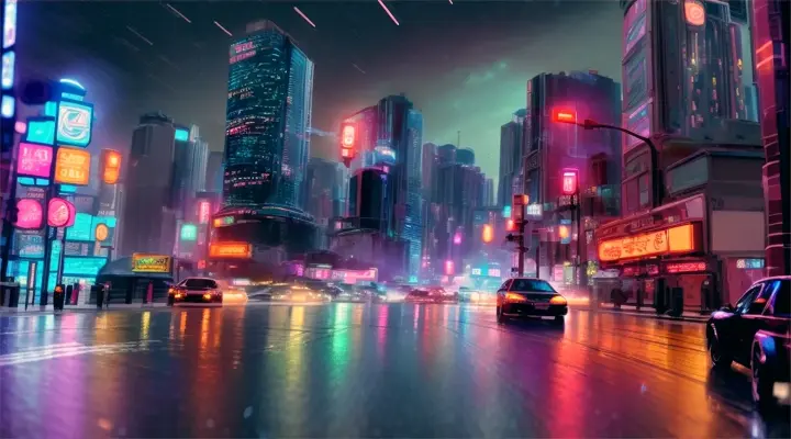 instead of cars there are beams of light from headlights, it's raining heavily, neon lights of advertising, anime style