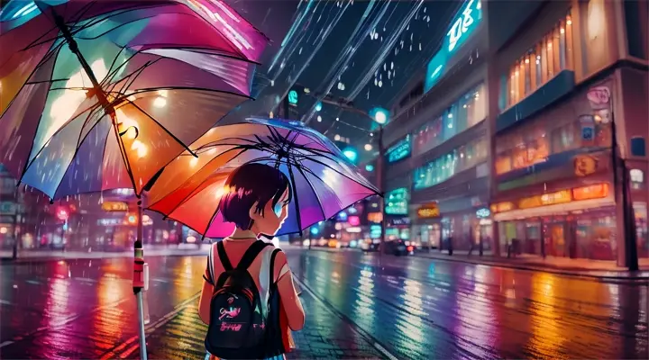 instead of cars there are beams of light from headlights, it's raining heavily, neon lights of advertising, anime style