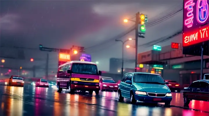 heavy traffic, cars rushing at high speed, lots of cars, heavy rain, neon lights of advertising, anime style