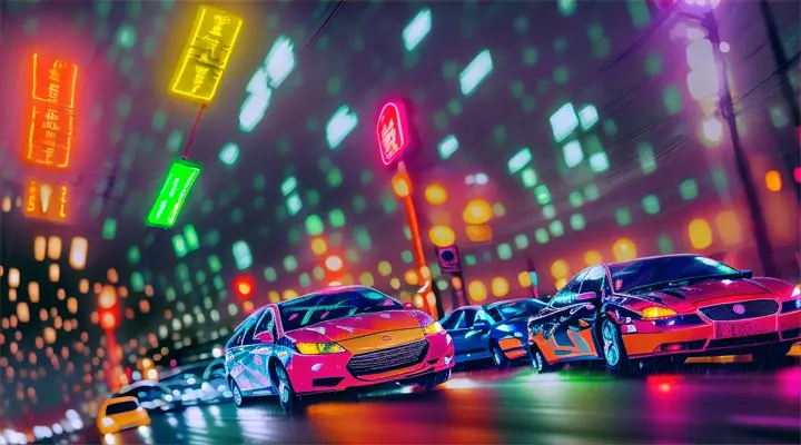 heavy traffic, cars rushing at high speed, lots of cars, heavy rain, neon lights of advertising, anime style