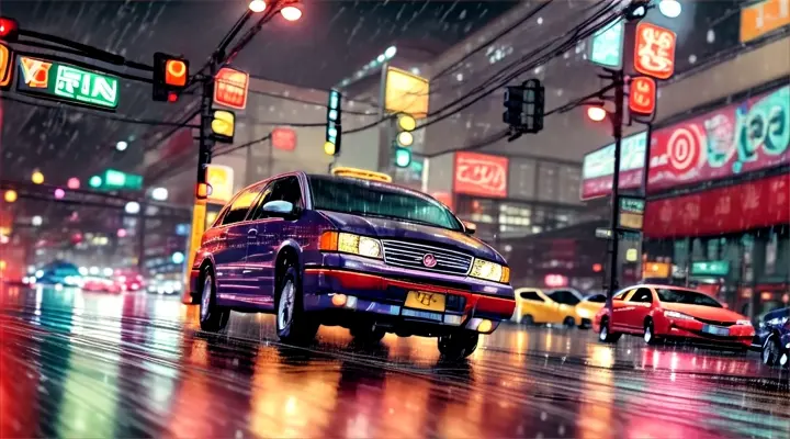 heavy traffic, cars rushing at high speed, lots of cars, heavy rain, neon lights of advertising, anime style