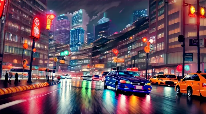 heavy traffic, cars rushing at high speed, lots of cars, heavy rain, neon lights of advertising, anime style