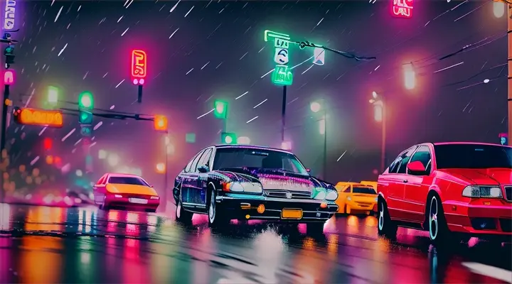 heavy traffic, cars rushing at high speed, lots of cars, heavy rain, neon lights of advertising, anime style