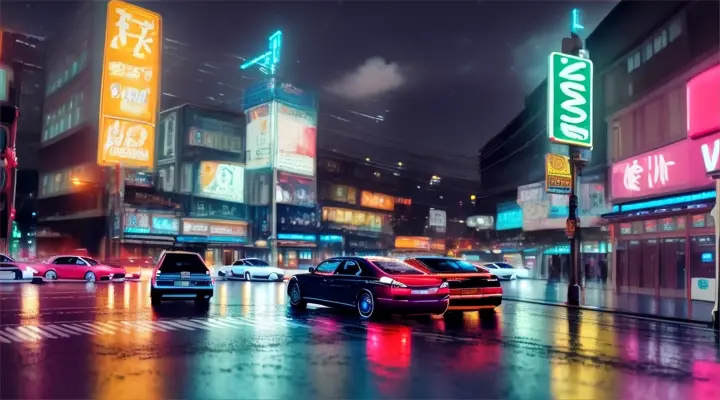 heavy traffic, cars rushing at high speed, lots of cars, heavy rain, neon lights of advertising, anime style