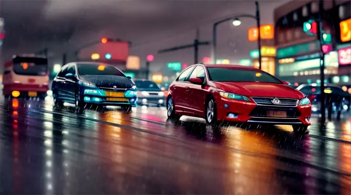heavy traffic, cars rushing at high speed, lots of cars, heavy rain, neon lights of advertising, anime style