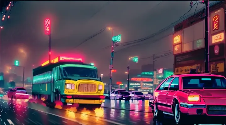 heavy traffic, cars rushing at high speed, lots of cars, heavy rain, neon lights of advertising, anime style