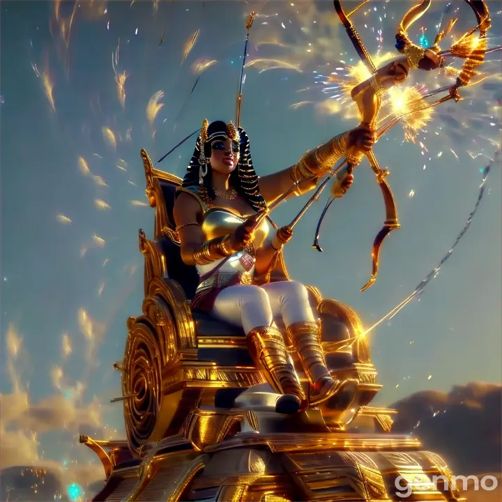 a woman sitting on top of a golden vehicle holding a bow and arrow