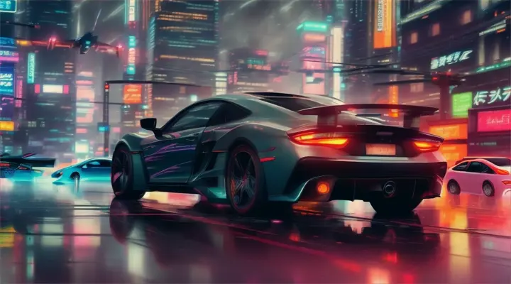 heavy traffic, cars rushing at high speed, heavy rain, neon lights of advertisements, anime style