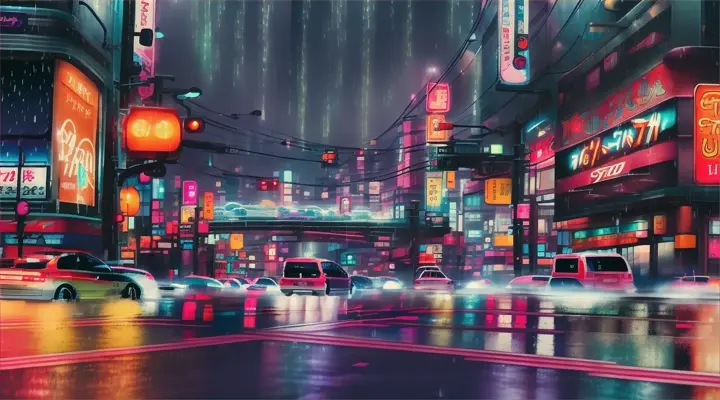 heavy traffic, cars rushing at high speed, heavy rain, neon lights of advertisements, anime style