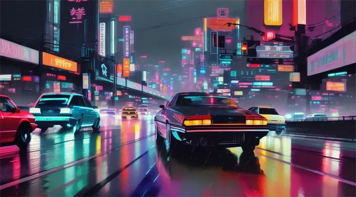heavy traffic, cars rushing at high speed, heavy rain, neon lights of advertisements, anime style