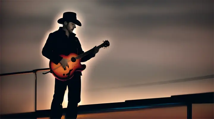 Banjoist in silhouette against foggy, moody cityscape at night, only the brightest neon colors visible