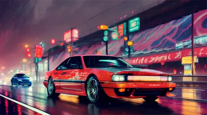 red stripes of light on the road, heavy rain, neon light of advertising, anime style