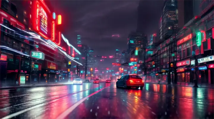 red stripes of light on the road, heavy rain, neon light of advertising, anime style