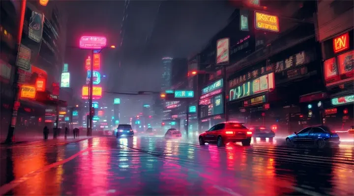 red stripes of light on the road, heavy rain, neon light of advertising, anime style