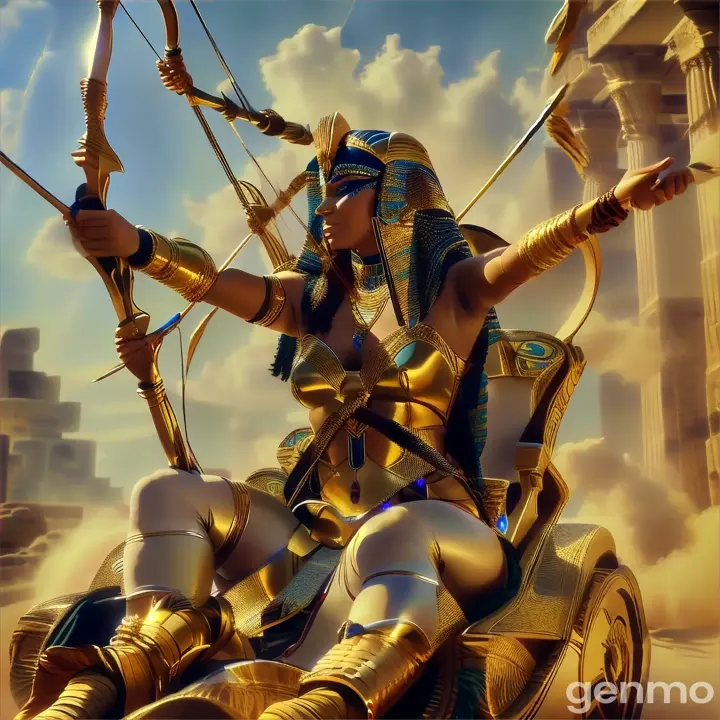 a woman dressed as an egyptian warrior with a bow and arrow