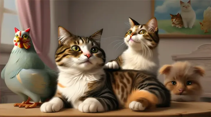 cat, dog and chiken sitting on top of each other