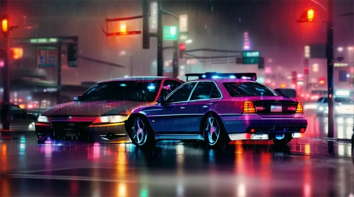 traffic jam, night, rain, neon lite, anime style