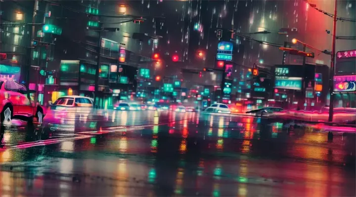 traffic jam, night, rain, neon lite, anime style