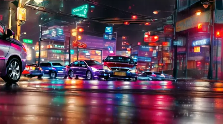 traffic jam, night, rain, neon lite, anime style