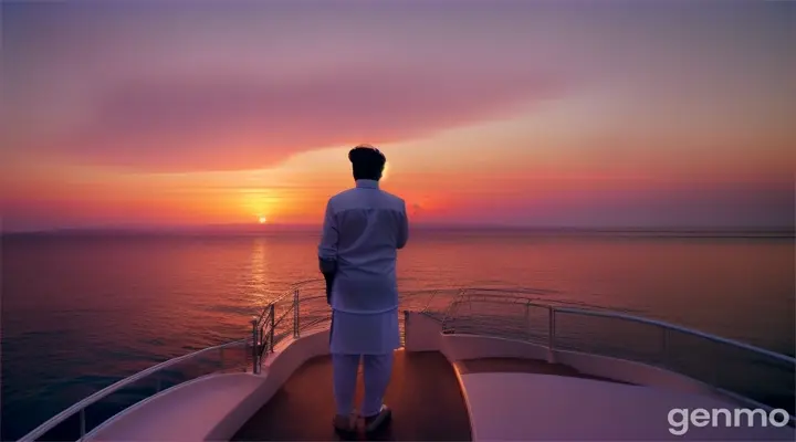 8k wide shot of a luxury yacht cruising through a tranquil sea at twilight. The young Pakistani couple stands on the deck, with the sky painted in shades of orange and purple. The man looks out at the horizon with a solemn expression, holding the woman’s hand. She gazes up at him with a serious, emotional look. The calm waters and dramatic sky create a sense of both serenity and intensity.