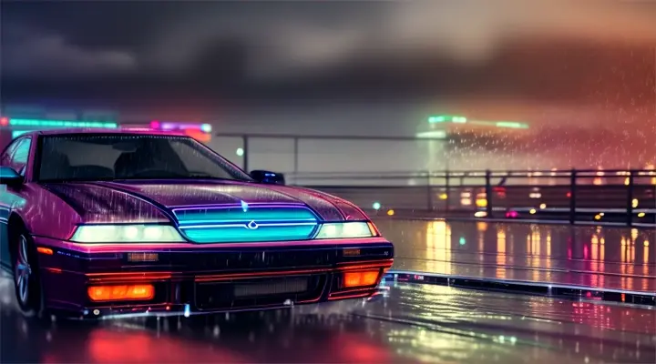 the driver open the door of the car, night, rain, neon lite, anime style, close-up