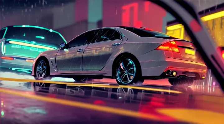 the driver open the door of the car, night, rain, neon lite, anime style, close-up