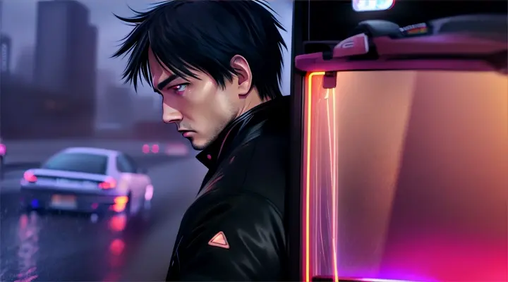 the driver in black jacket open the door of the car, night, rain, neon lite, anime style, close-up