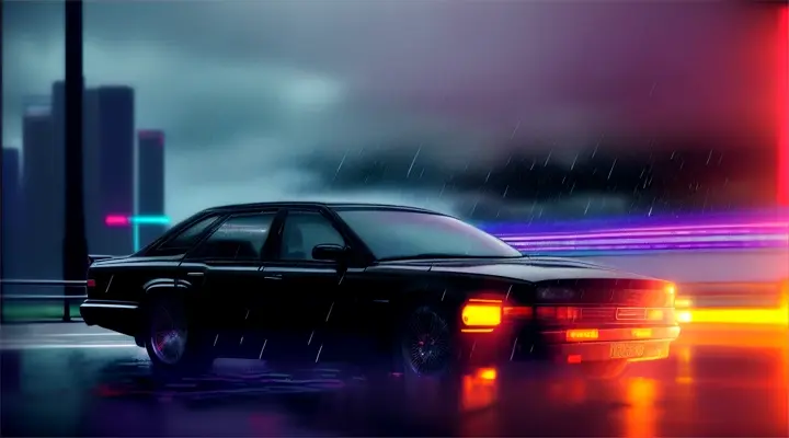 the driver in black jacket open the door of the car, night, rain, neon lite, anime style, close-up