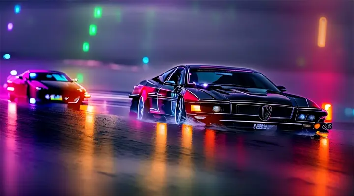 the driver in black jacket open the door of the car, night, rain, neon lite, anime style, close-up