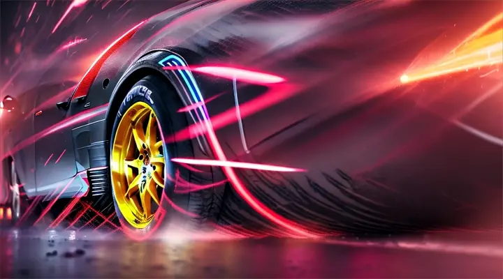 close-up spinning sports car wheel, red sparks and white smoke coming from under the tire, night, heavy rain, neon lite, anime style