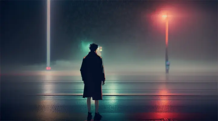 At night I play on nerves, night, heavy rain, neon lite, anime style