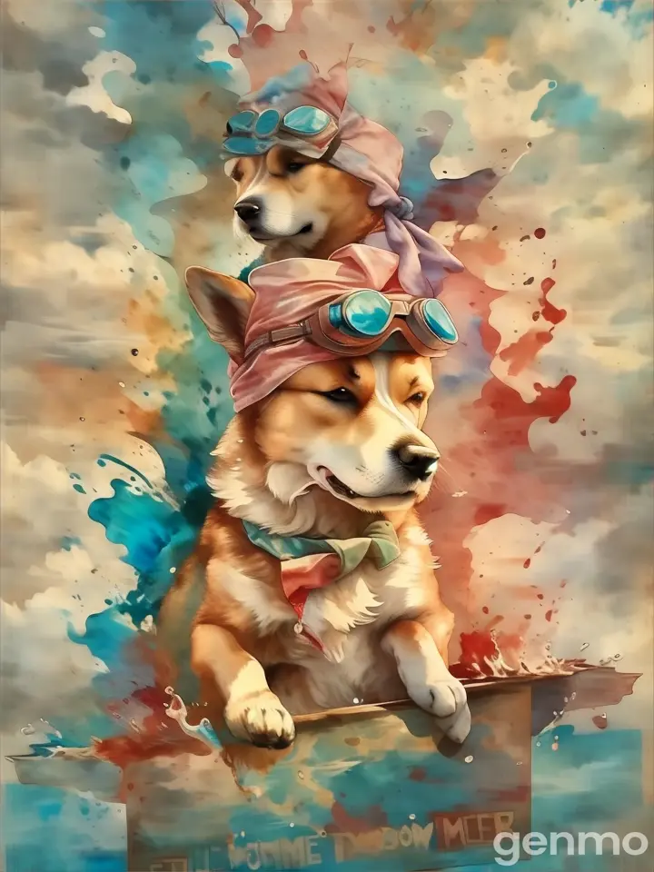 a painting of a dog with goggles and a bandana